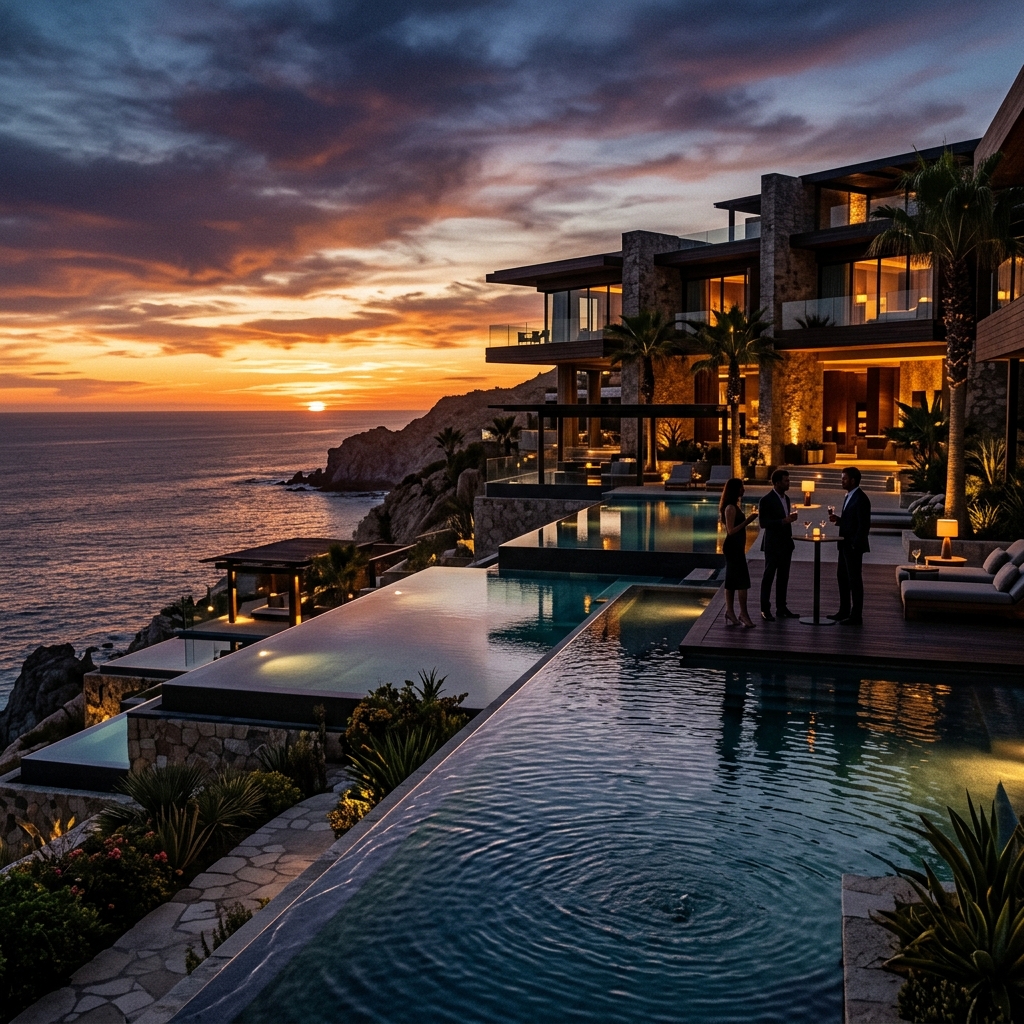 Una vista aerea di un lussuoso resort tropicale con piscine a sfioro al tramonto, con alcune figure di ospiti in silhouette che si godono l'atmosfera. (Immagine generata con IA)