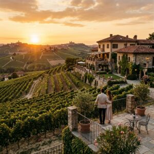Coppia vista di spalle che ammira i vigneti al tramonto da un lussuoso wine resort nelle Langhe.