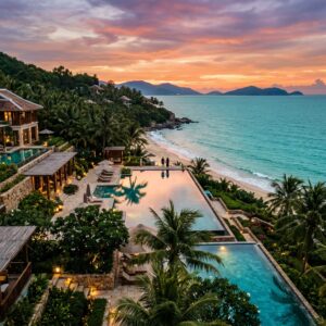 Resort di lusso costiero in Vietnam con piscine a sfioro e spiaggia al tramonto.