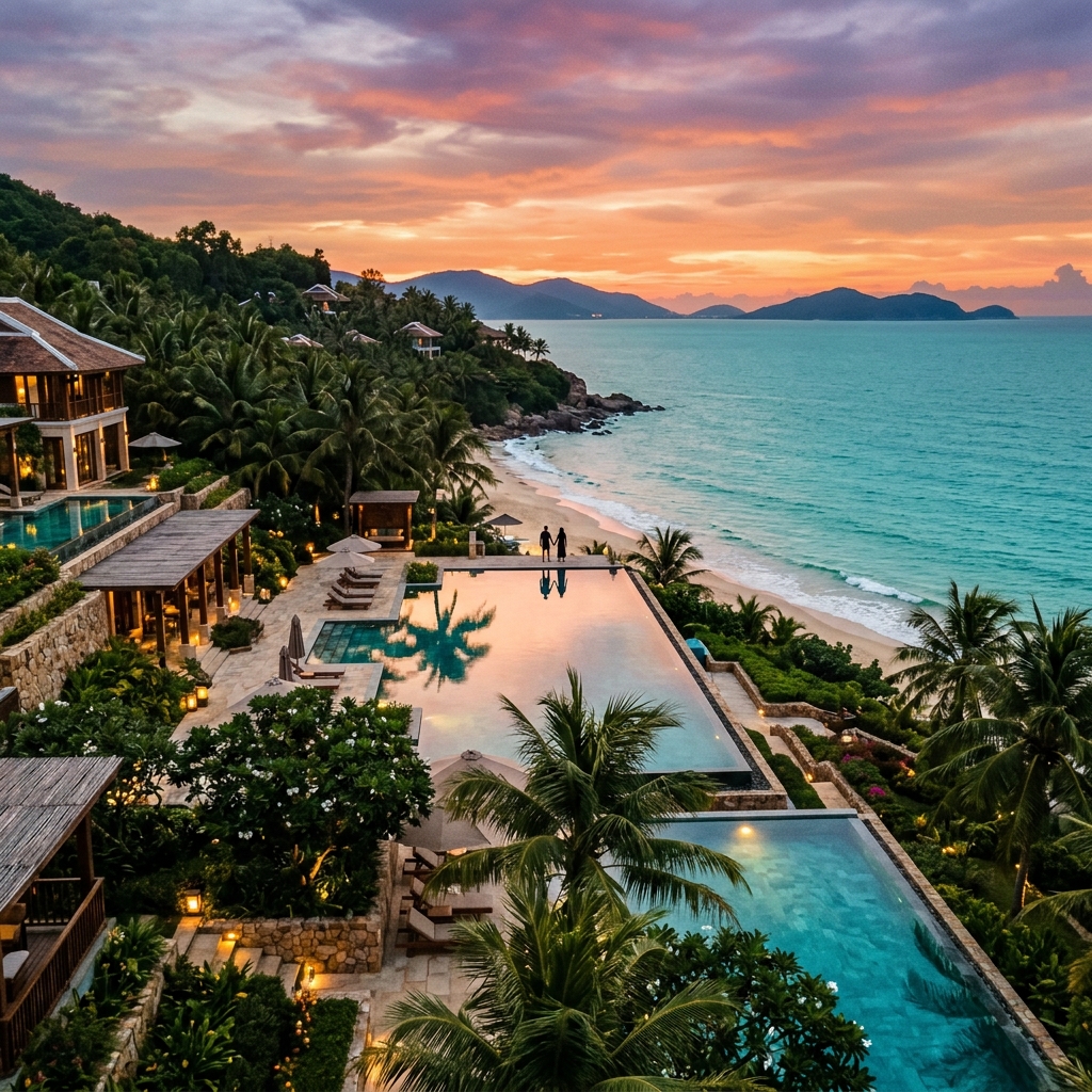 Resort di lusso costiero in Vietnam con piscine a sfioro e spiaggia al tramonto.