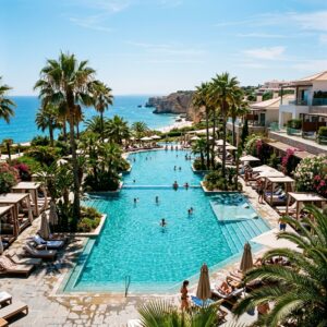 Piscina esterna di un lussuoso resort in Algarve con palme e vista sull'oceano in lontananza. (Immagine generata con IA)