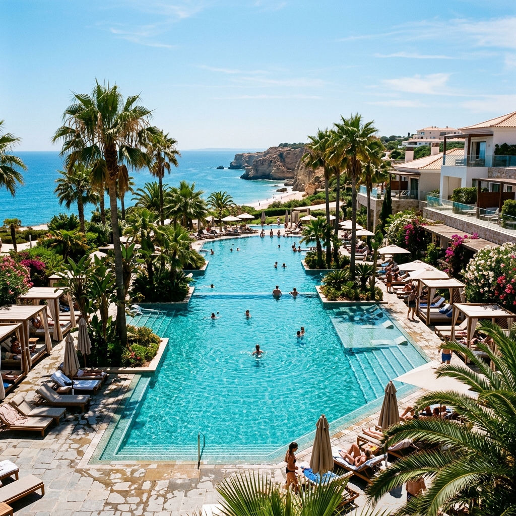 Piscina esterna di un lussuoso resort in Algarve con palme e vista sull'oceano in lontananza. (Immagine generata con IA)