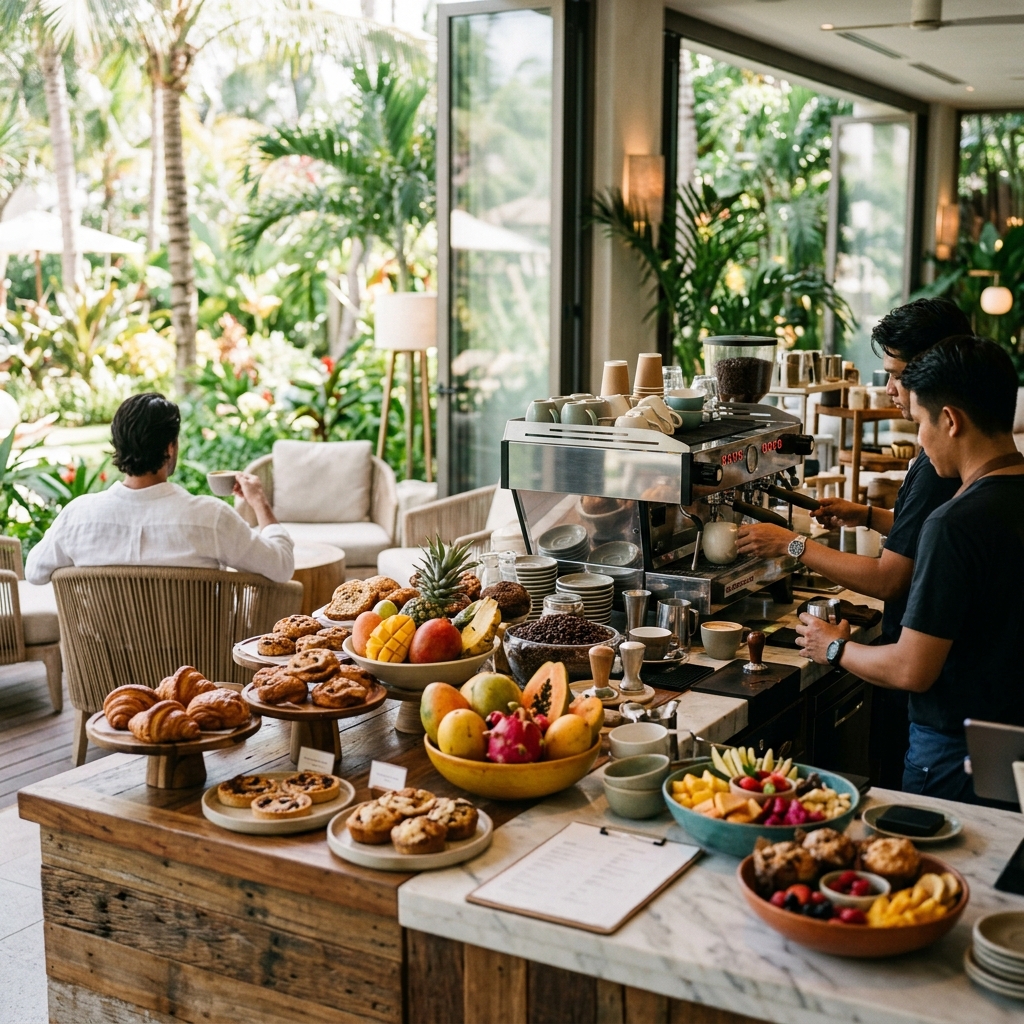 Elegante bancone di un caffè in un resort tropicale di lusso con caffè e prodotti da forno. (Immagine generata con IA)