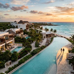Vista aerea di un lussuoso resort all-inclusive in Riviera Maya con piscina a sfioro, suite con piscine private e giardini tropicali al tramonto.