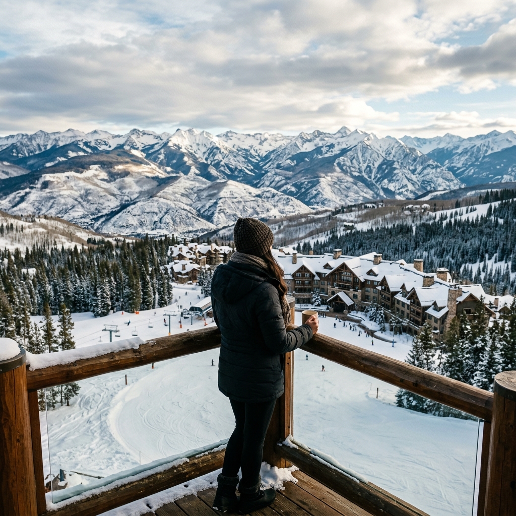 Vista panoramica di un lussuoso resort di montagna in Colorado con architettura elegante e paesaggi innevati. (Immagine generata con IA)