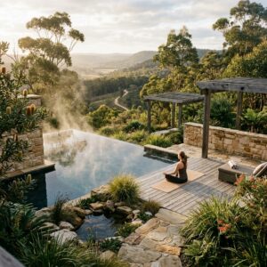 Persona vista di spalle che pratica yoga o medita in una lussuosa area spa all'aperto di un resort australiano con piscina a sfioro e vegetazione.