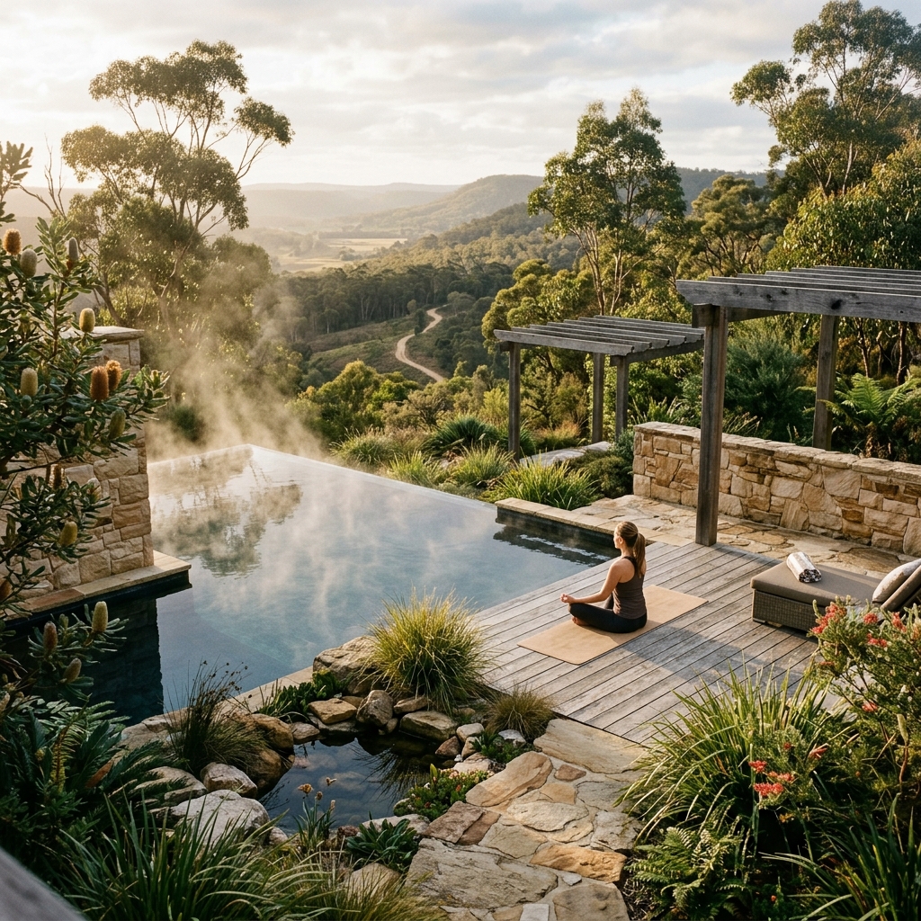 Persona vista di spalle che pratica yoga o medita in una lussuosa area spa all'aperto di un resort australiano con piscina a sfioro e vegetazione.