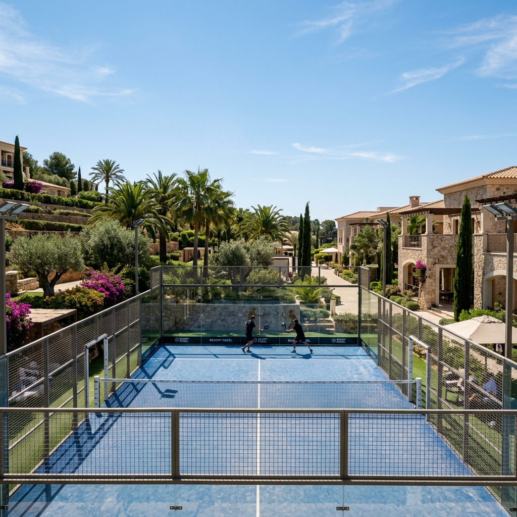 Campo da padel moderno in un resort di lusso, con giocatori in lontananza sullo sfondo di una struttura elegante. (Immagine generata con IA)