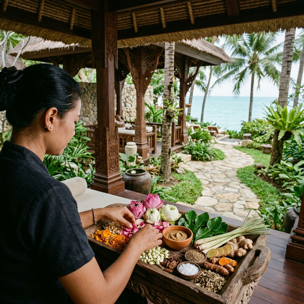 Mani di un terapista che preparano ingredienti botanici naturali (fiori, erbe, spezie) su un vassoio in un lussuoso padiglione spa all'aperto con architettura ispirata al Regno Champa. (Immagine generata con IA)