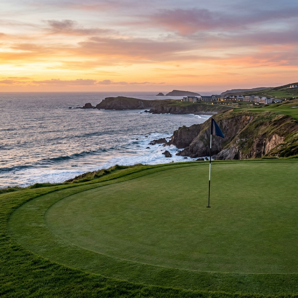 Vista panoramica di un lussureggiante campo da golf che si affaccia sulla costa atlantica al tramonto, con l'architettura moderna del resort in lontananza.