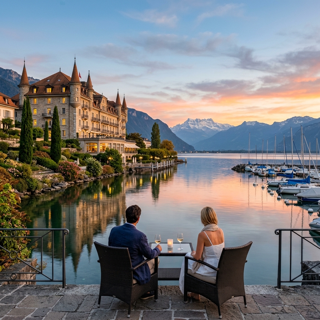 Vista di un elegante resort sul lago di Ginevra al tramonto, con una coppia vista di spalle su un patio a bordo lago.
