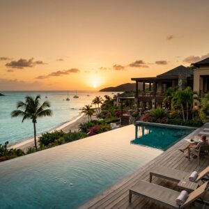 Veduta panoramica di un lussuoso boutique resort ad Antigua, con architettura moderna e giardini tropicali che si fondono con una piscina a sfioro e una spiaggia caraibica dalle acque turchesi.
