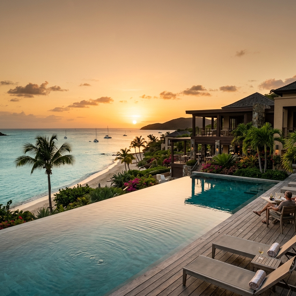 Veduta panoramica di un lussuoso boutique resort ad Antigua, con architettura moderna e giardini tropicali che si fondono con una piscina a sfioro e una spiaggia caraibica dalle acque turchesi.