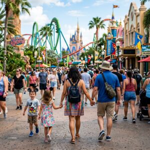 Famiglia vista di spalle che si dirige verso attrazioni colorate in un vivace parco a tema di Orlando.