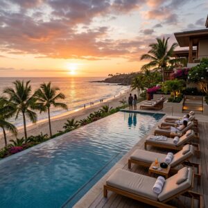 Piscina a sfioro di un lussuoso resort all-inclusive negli Stati Uniti al tramonto, con palme, architettura moderna e persone in lontananza. (Immagine generata con IA)