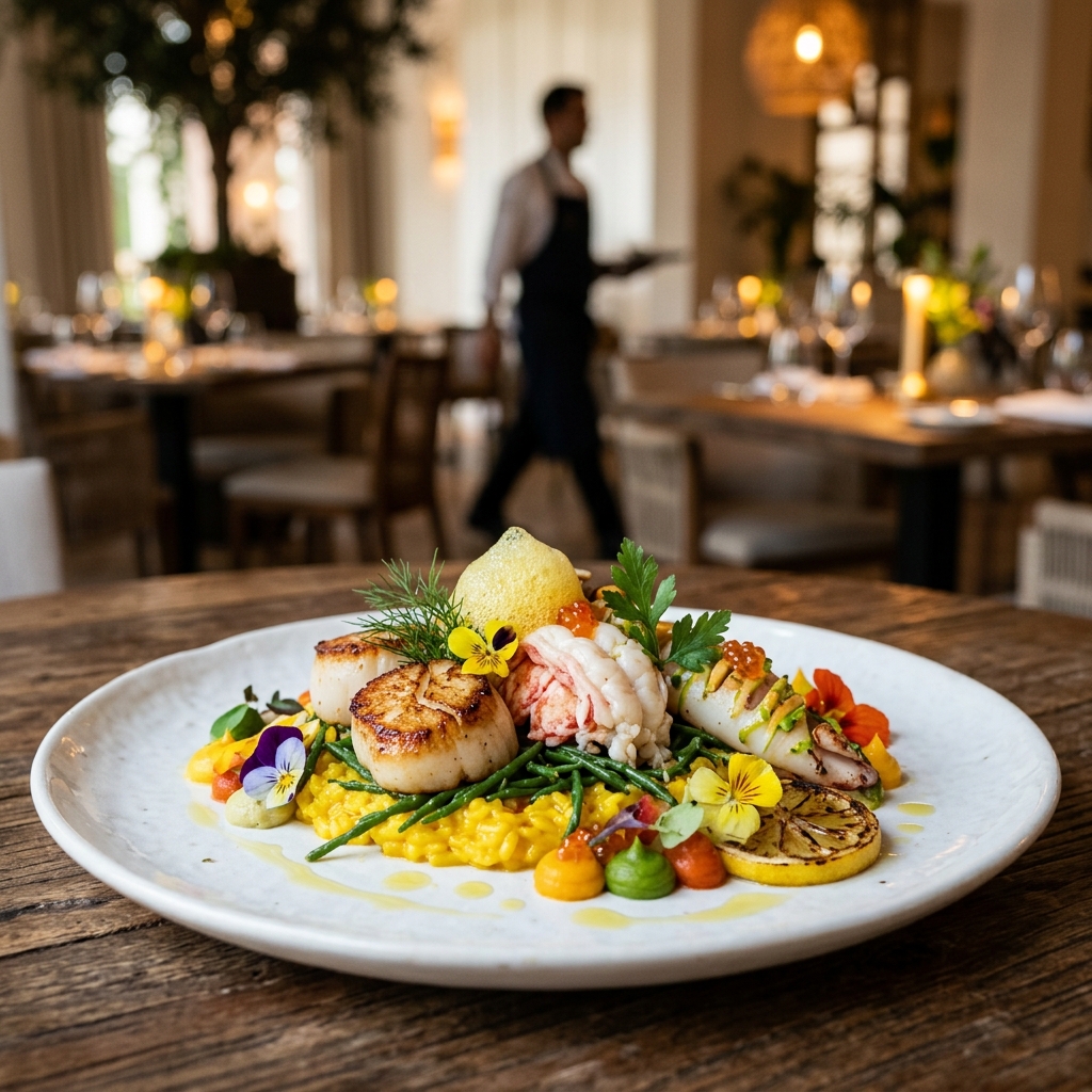Un piatto gourmet con frutti di mare freschi finemente impiattato su un tavolo elegante in un ristorante di lusso all'interno di un resort.