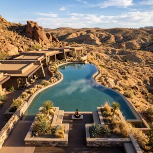 Veduta aerea di un lussuoso resort wellness nel deserto dell'Arizona con piscina a sfioro e un ospite in meditazione. (Immagine generata con IA)