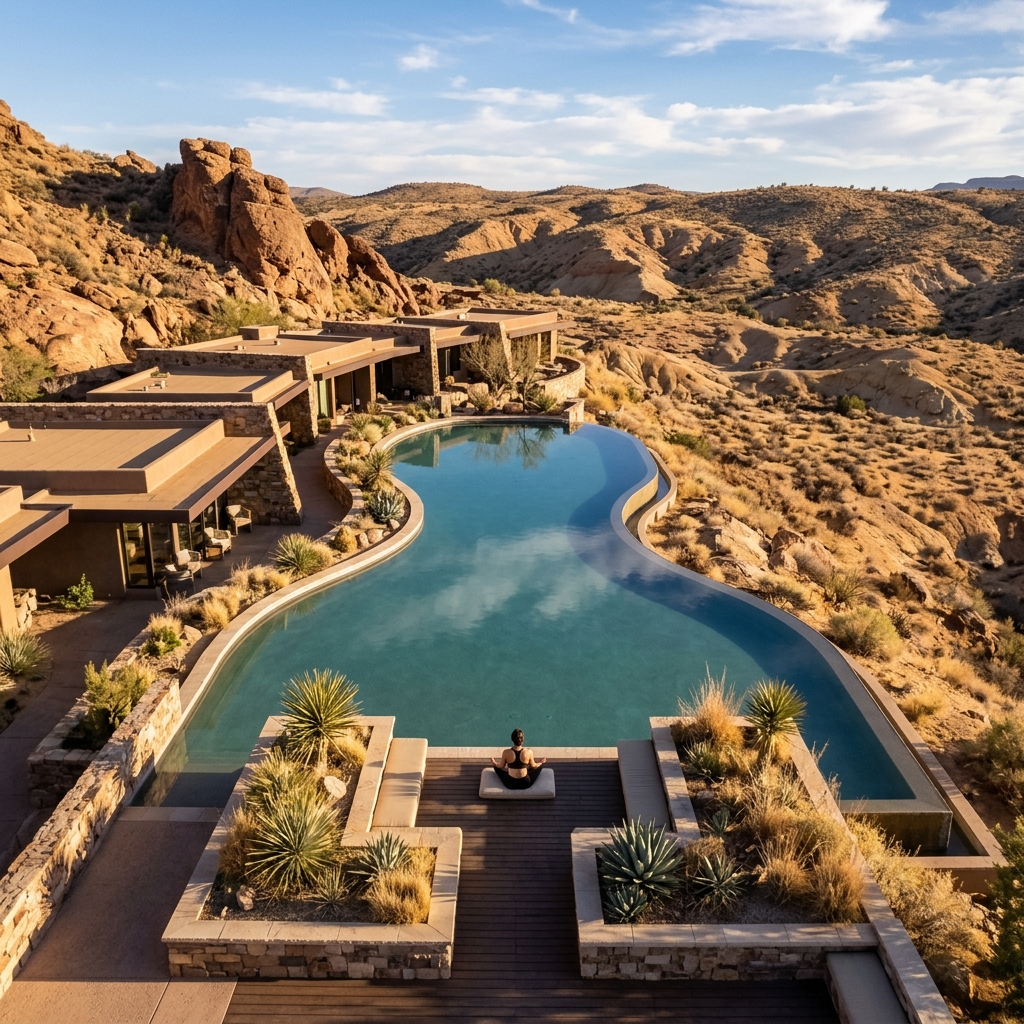 Veduta aerea di un lussuoso resort wellness nel deserto dell'Arizona con piscina a sfioro e un ospite in meditazione. (Immagine generata con IA)