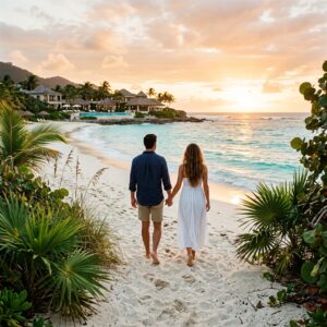 Coppia di spalle che passeggia sulla spiaggia al tramonto con un resort di lusso sullo sfondo a Zanzibar.