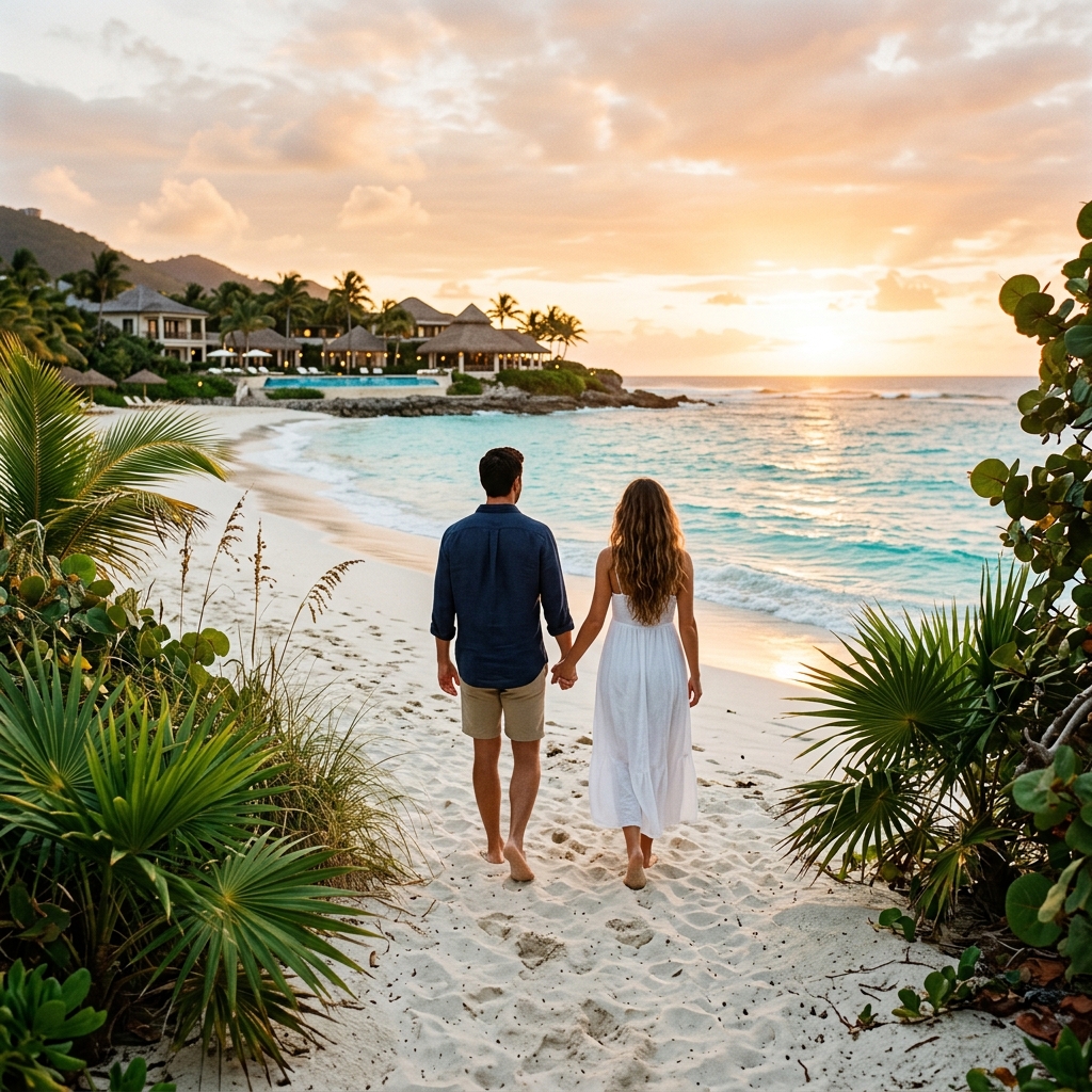 Coppia di spalle che passeggia sulla spiaggia al tramonto con un resort di lusso sullo sfondo a Zanzibar.