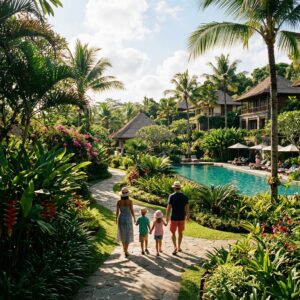 Famiglia di spalle che passeggia tra i giardini lussureggianti di un resort di lusso con piscina.