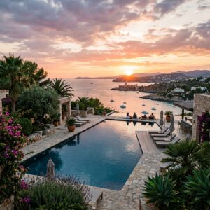 Piscina a sfioro di un lussuoso resort a Playa de Palma con vista sul Mar Mediterraneo al tramonto. (Immagine generata con IA)