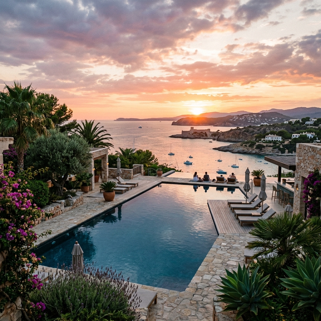 Piscina a sfioro di un lussuoso resort a Playa de Palma con vista sul Mar Mediterraneo al tramonto. (Immagine generata con IA)