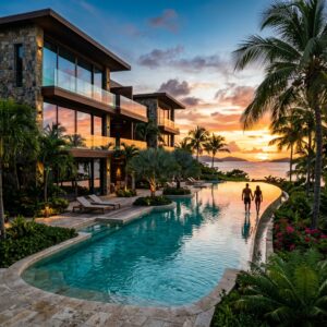 Nuovo edificio di un resort di lusso con piscina a sfioro e palme, con una coppia in silhouette che cammina sullo sfondo al tramonto.