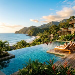 Piscina a sfioro di un resort di lusso in Costa Rica, affacciata su una spiaggia tropicale e una fitta foresta pluviale al tramonto.