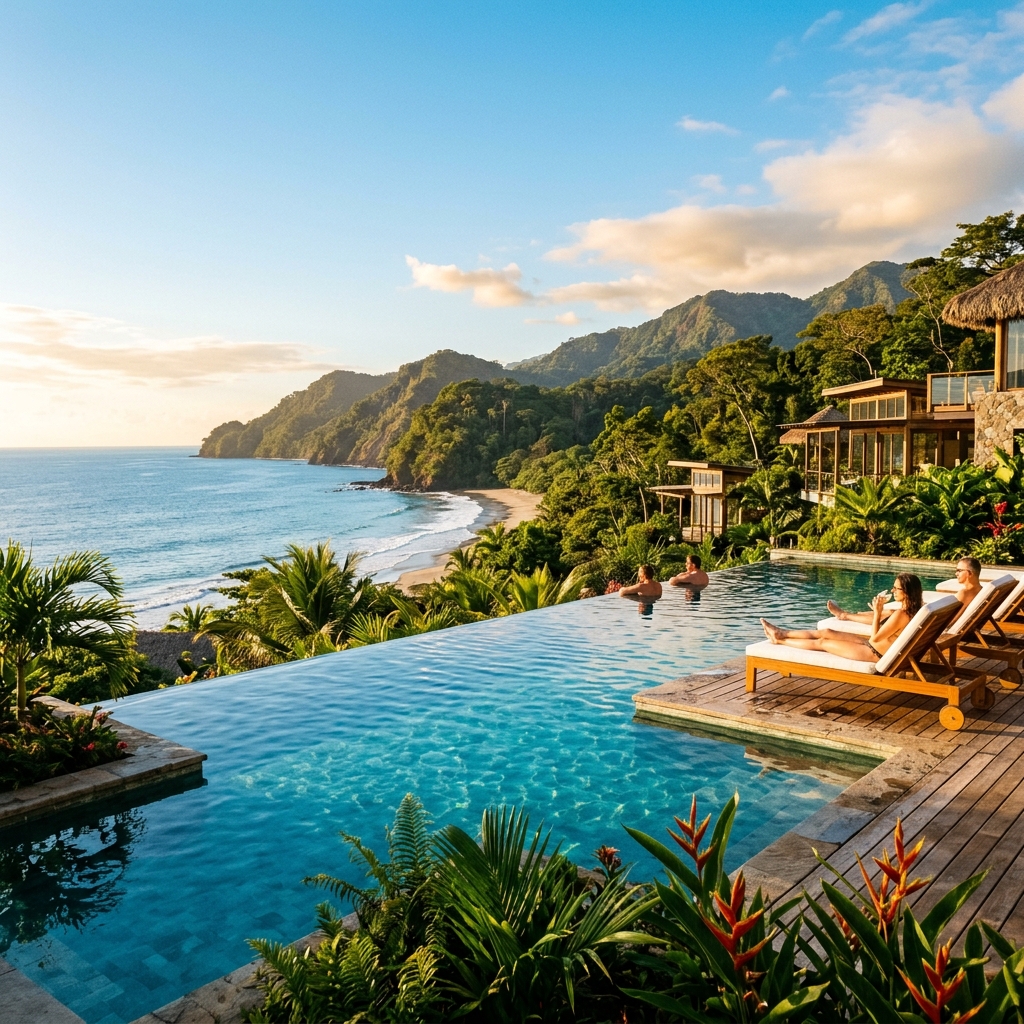 Piscina a sfioro di un resort di lusso in Costa Rica, affacciata su una spiaggia tropicale e una fitta foresta pluviale al tramonto.