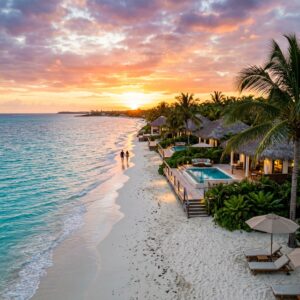 Spiaggia di sabbia bianca e acque turchesi con palme lussureggianti e bungalow di un resort tropicale, con una coppia in silhouette in lontananza