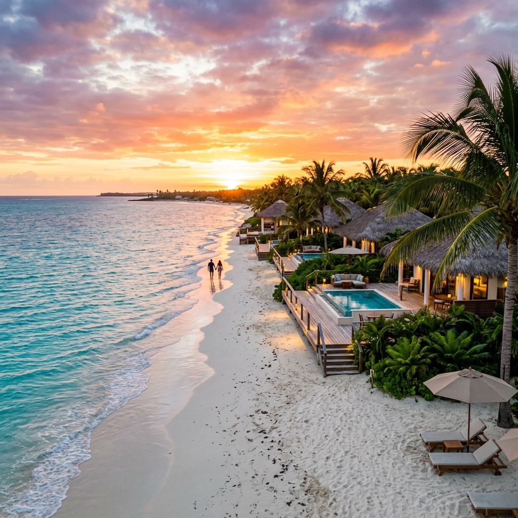 Spiaggia di sabbia bianca e acque turchesi con palme lussureggianti e bungalow di un resort tropicale, con una coppia in silhouette in lontananza