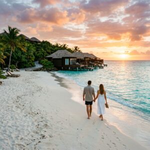 Coppia di spalle che passeggia su una spiaggia di sabbia bianca verso un lussuoso resort caraibico con ville affacciate sull'acqua e vegetazione tropicale.