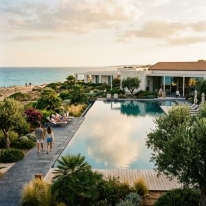 Elegante resort di lusso con piscina a sfioro e architettura moderna, circondato da giardini mediterranei, con il mare Adriatico sullo sfondo a San Cataldo, Puglia. Alcuni ospiti sono visibili di spalle.