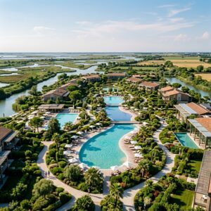 Veduta aerea di un grande resort open air moderno con piscine e ampi spazi verdi, immerso nel paesaggio del Delta del Po, con alcune persone in lontananza. (Immagine generata con IA)