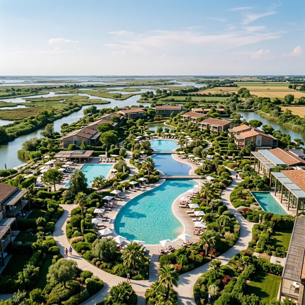 Veduta aerea di un grande resort open air moderno con piscine e ampi spazi verdi, immerso nel paesaggio del Delta del Po, con alcune persone in lontananza. (Immagine generata con IA)