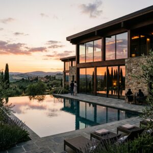 Vista panoramica di un lussuoso resort in Toscana con piscina a sfioro, sullo sfondo colline e alberi di cipresso al tramonto. (Immagine generata con IA)