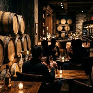Interno di una cantina di resort con botti di whiskey e ospiti visti di spalle durante una degustazione. (Immagine generata con IA)