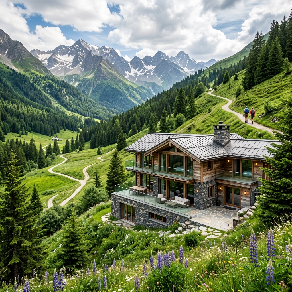 Moderno lodge di montagna con elementi in legno e pietra, immerso in una valle verde lussureggiante, con sentieri montani migliorati in lontananza e una coppia che cammina sul sentiero.