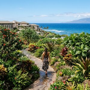 Giardino hawaiano lussureggiante e sentieri in pietra, con piante native e una persona di spalle che cammina. Si intravede il Four Seasons Resort Maui e l'Oceano Pacifico.