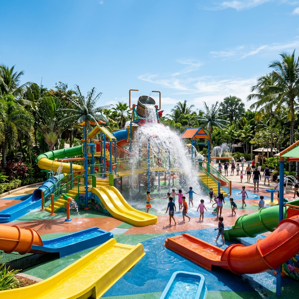Un vivace parco acquatico per bambini con scivoli colorati e giochi d'acqua, circondato da vegetazione lussureggiante, con famiglie in lontananza che si divertono.
