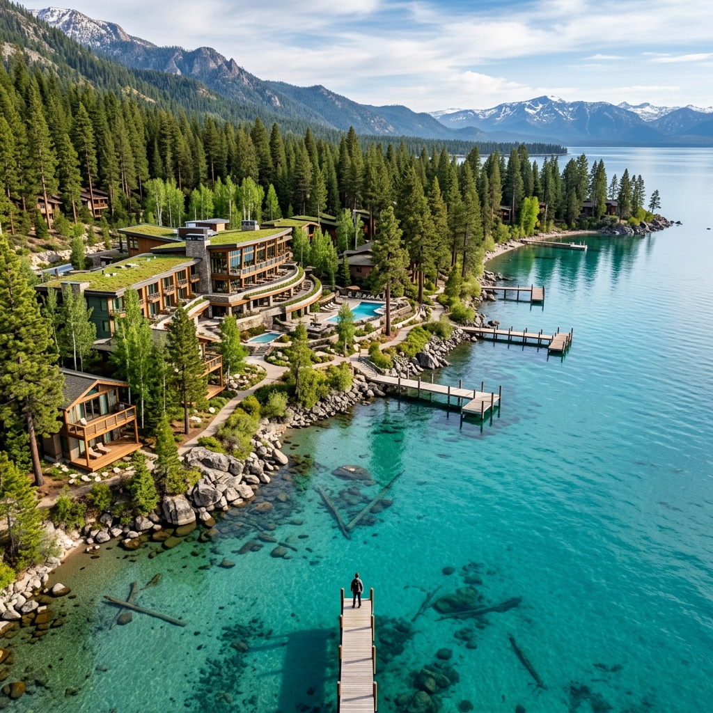 Un resort moderno e sostenibile immerso nel paesaggio verde sulle sponde del Lago Tahoe, con le sue acque cristalline in primo piano.