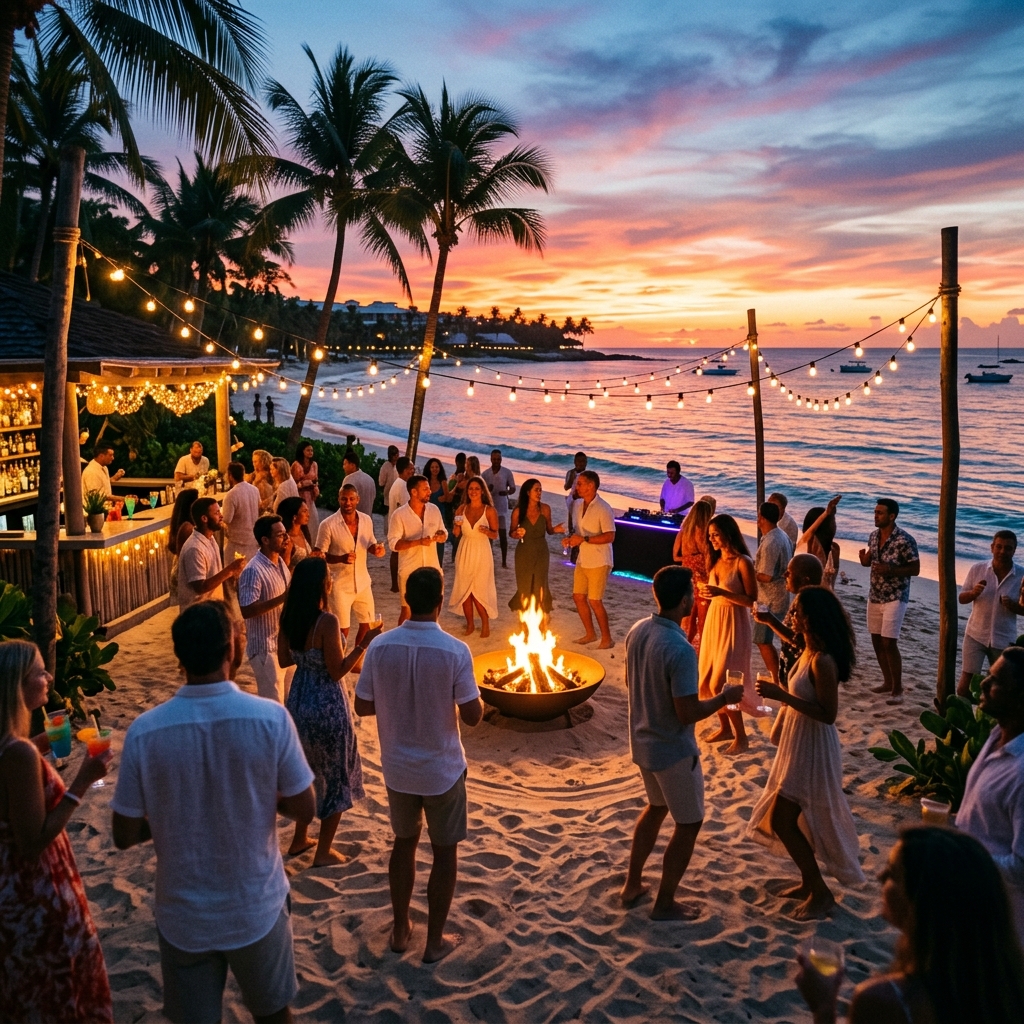 Coppie e gruppi di amici visti di spalle che si godono una vivace festa in spiaggia al tramonto in un lussuoso resort tropicale, con luci soffuse e cocktail.