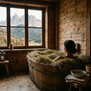 Interno di una lussuosa sala spa alpina con un tradizionale bagno di fieno, vista su montagne autunnali. (Immagine generata con IA)
