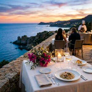 Tavolo elegantemente apparecchiato con vista mare al tramonto in un lussuoso resort in Sardegna, con sagome di ospiti che cenano.