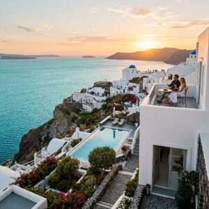 Un lussuoso resort con edifici bianchi a picco sul Mar Egeo in un'isola greca, con una coppia che ammira il tramonto da un balcone.