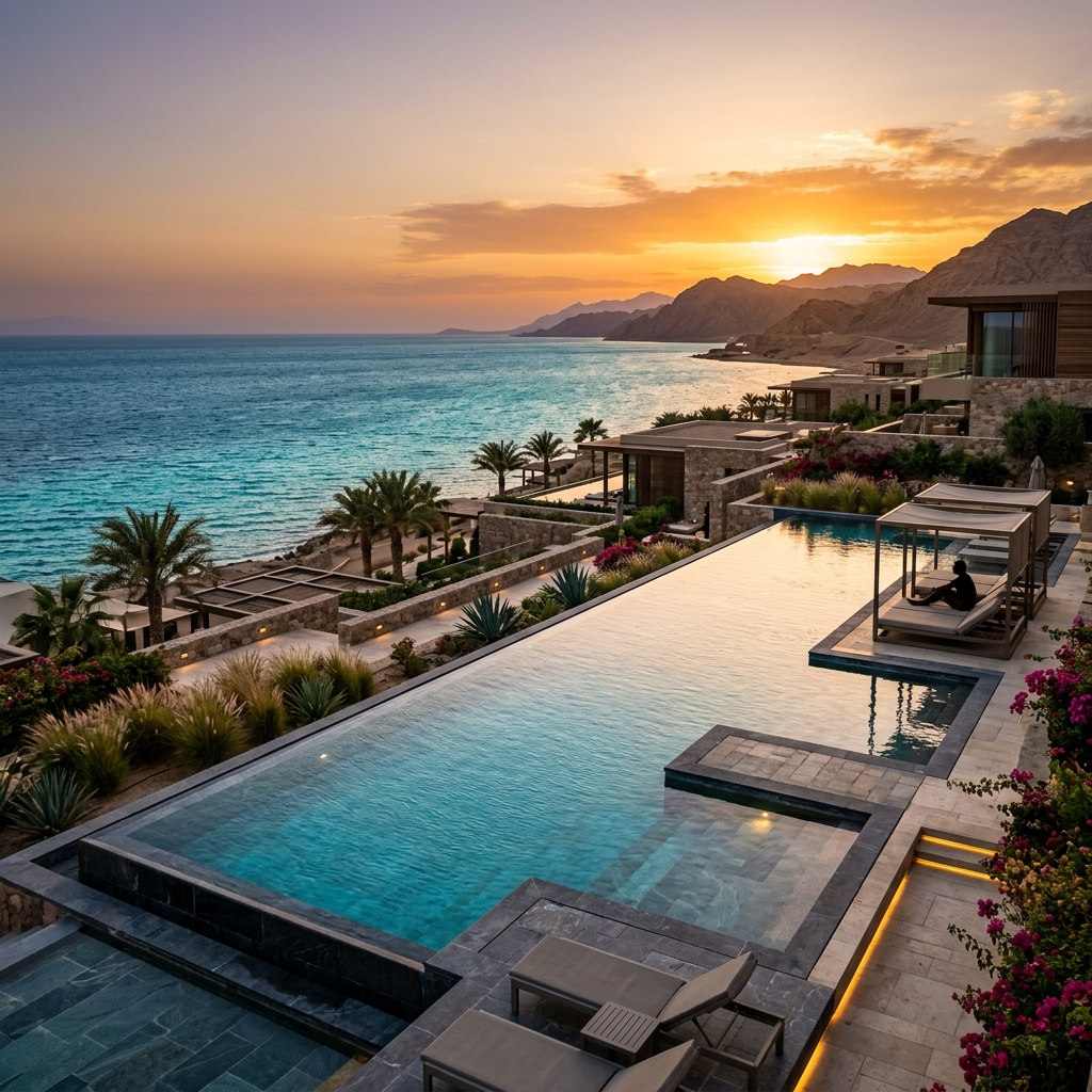 Piscina a sfioro di un lussuoso resort moderno sul Mar Rosso al tramonto, con architettura elegante e acque turchesi. (Immagine generata con IA)