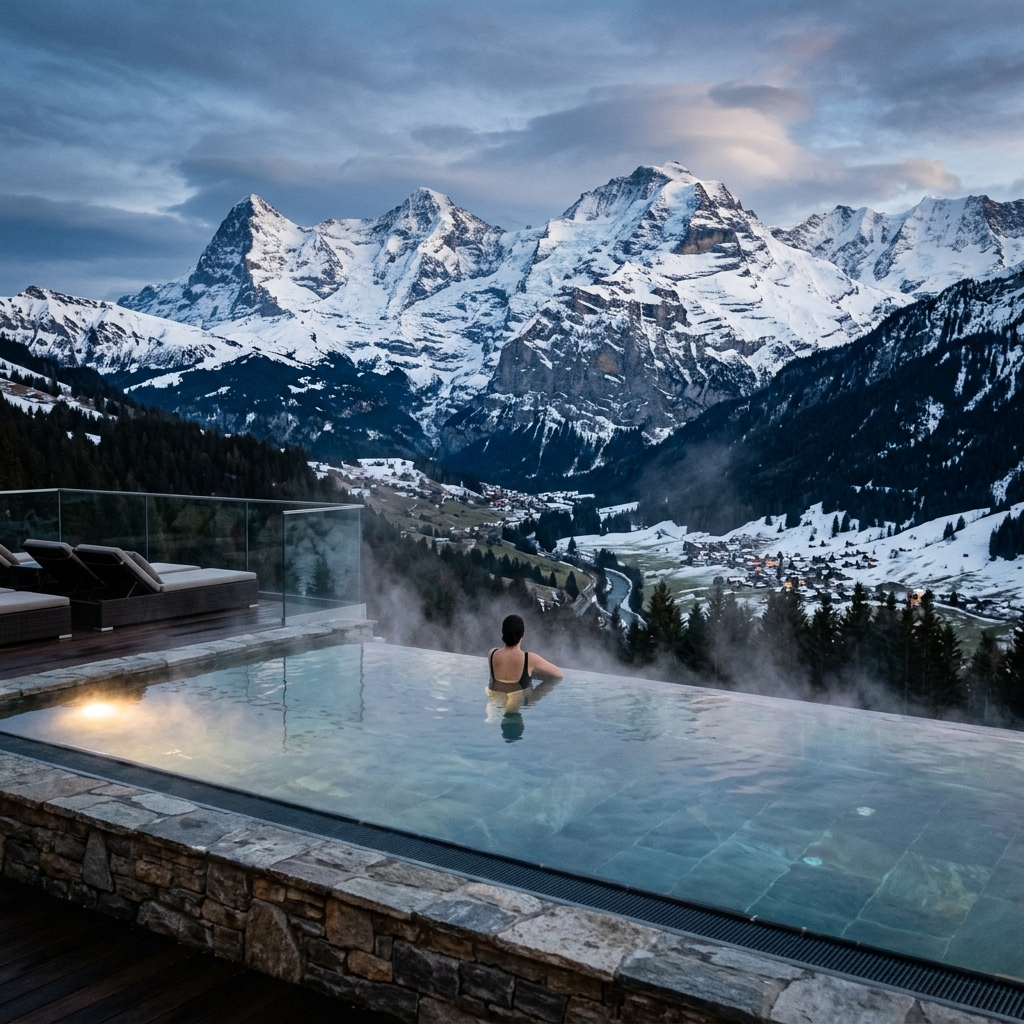 Piscina a sfioro riscaldata di un lussuoso resort alpino con vista su montagne innevate, con una persona di spalle che ammira il paesaggio. (Immagine generata con IA)