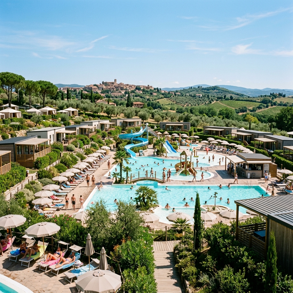 Complesso di piscine di lusso con scivoli e bungalow moderni in un campeggio che sembra un resort italiano, con figure di famiglie in lontananza.
