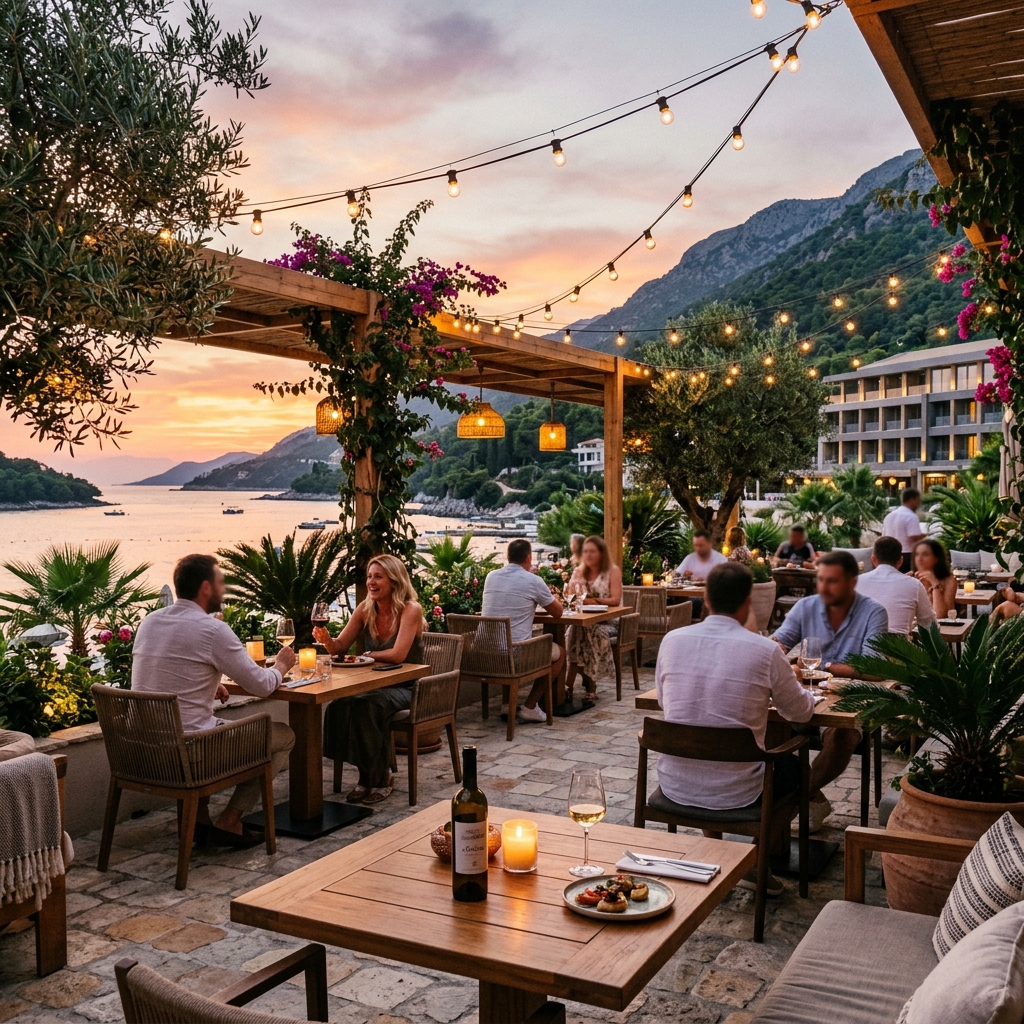 Elegante terrazza esterna di un resort con persone in lontananza che cenano al tramonto, illuminata da luci soffuse e vegetazione mediterranea. (Immagine generata con IA)